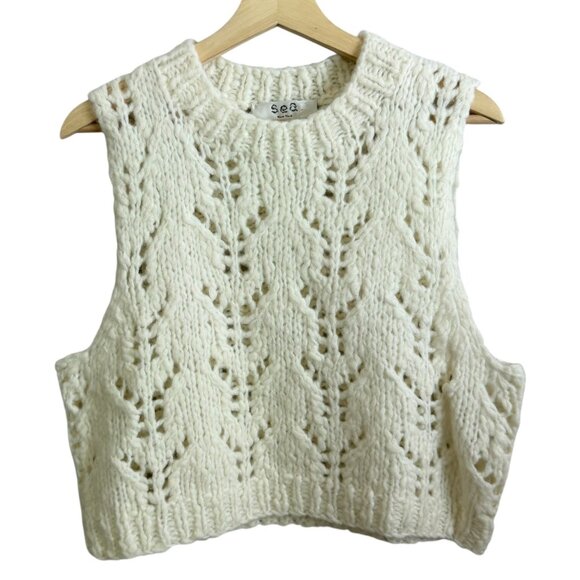 Sea NY Sweaters - Sea New York NY Crop Wool Alpaca Pointelle Knit Sweater Vest White L Cottagecore